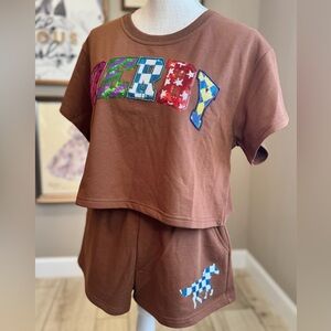 New! SET! QUEEN OF SPARKLES Brown Sequin Derby Top and Shorts Oversized XS